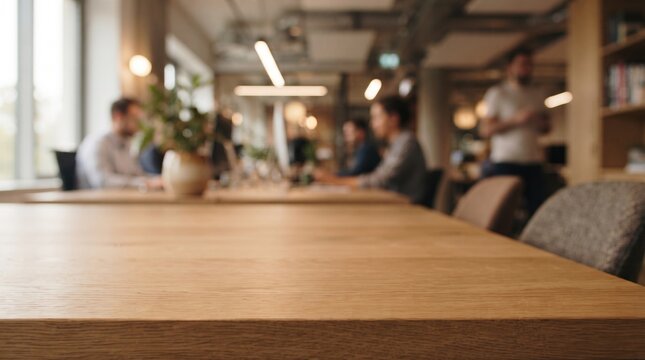 Business meeting at a modern wooden conference table.