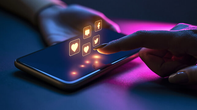 Exclusive photo of A finger interacting with floating social media icons on a glowing smartphone screen. This image represents digital connectivity and modern networking technology.