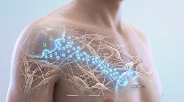 3D medical illustration of exosome therapy showing the transfer of exosomes from a donor cell to a recipient cell in the human torso