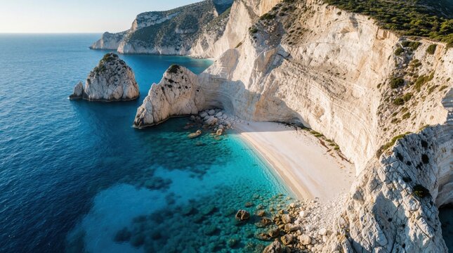 White cliffs meet blue sea at remote Greek island beach with clear turquoise water. Rocky coast and sandy shore offer serene natural beauty for tourists seeking summer vacation.