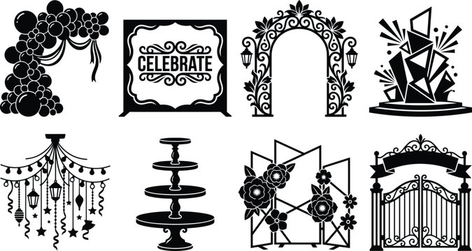 Event stage backdrop and party decoration vector silhouette set featuring balloon arch celebration sign floral gate tier stand and chandelier