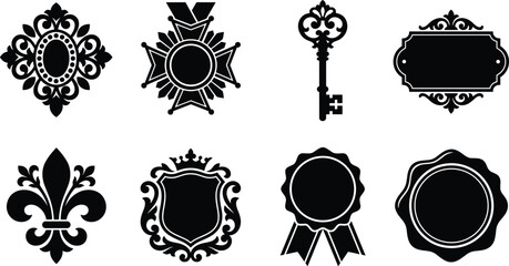 Vintage royal design element set featuring fleur de lis ornamental frame medal key shield crest ribbon and wax seal vector © Dipu