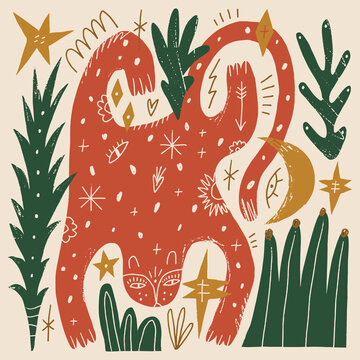 Artisanal doodle childish folk art baby leopard vector illustration, naive style wild cat with cactus and celestial moon symbols, modern boho linocut graphic 