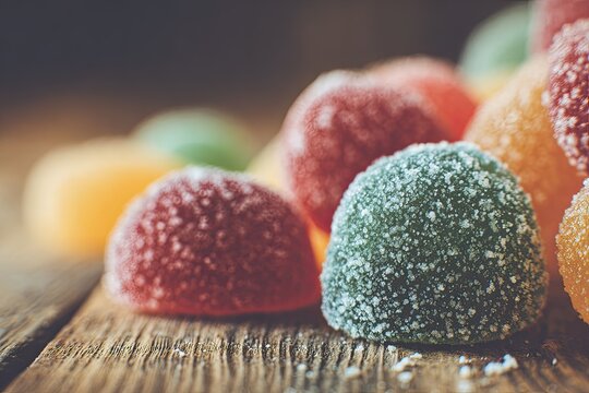 A scattering of brightly colored sugary gumdrops adorning a small decorative pastry on a textured wooden surface