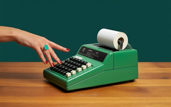 Vintage green adding machine calculator with paper roll printing calculations placed wooden surface hand reaching keypad retro office equipment nostalgic technology composition
