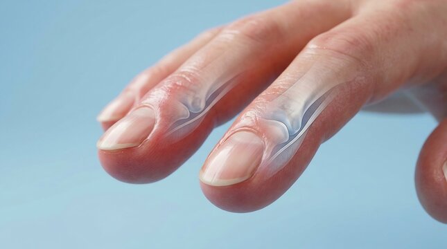 Close-up of fingers with translucent bone overlay showing bulbous fingertips and curved nails