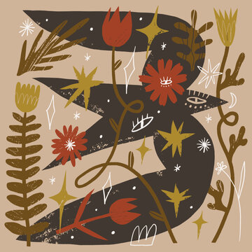Doodle artisanal mystical folk art bird vector illustration, naive style silhouette flying filled with botanical flowers and celestial stars, modern dark cottagecore boho graphic