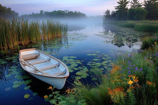 A Solitary Rowboat Moored on a Misty Wisconsin Lake Amidst Lush Reeds at Dawn