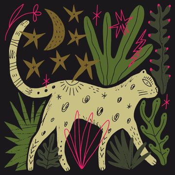 Artisanal doodle childish folk art baby leopard vector illustration, naive style wild cat with cactus and celestial moon symbols, modern boho linocut graphic 