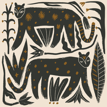 Artisanal doodle childish folk art baby leopard vector illustration, naive style wild cat with cactus and celestial moon symbols, modern boho linocut graphic 