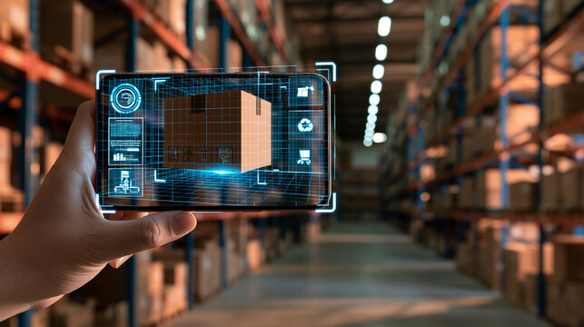 Exclusive photo of A hand holds a smartphone displaying augmented reality tracking of a warehouse package. This technology illustrates smart supply chain logistics and modern digital tracking systems.