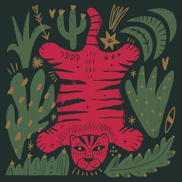Doodle baby artisanal folk art tiger vector illustration with celestial elements, naive style wild cat under stars, modern bohemian line art graphic 