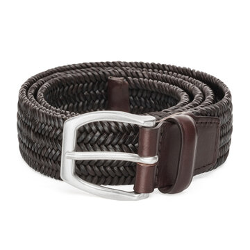 Dark brown braided leather belt with silver buckle isolated on white background