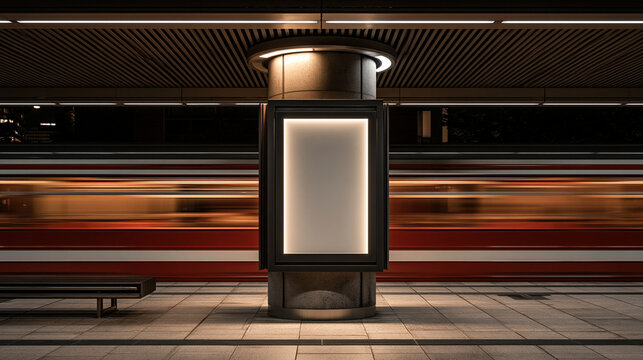 Exclusive photo of A blank vertical light box billboard stands on a subway platform with a moving train blur. Ideal for urban advertising mockups and commercial poster design.