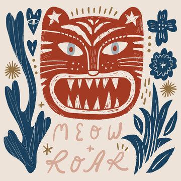 Doodle baby artisanal folk art tiger vector illustration with celestial elements, naive style wild cat under stars, modern bohemian line art graphic 