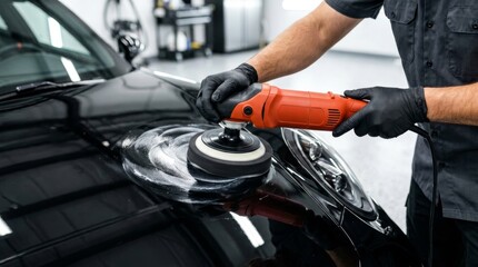 Fototapeta premium Professional car detailing by hand applying polish with a rotary buffer for paint correction and shine on a black vehicle