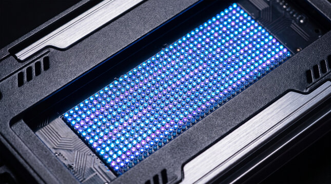 Closeup of a hightech electronic device with a glowing blue led dot matrix display