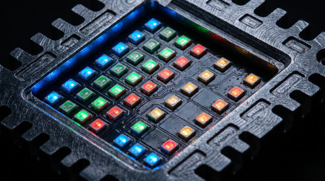 Closeup of a hightech led matrix array mounted on a black industrial heat sink