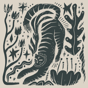 Doodle baby artisanal folk art tiger vector illustration with celestial elements, naive style wild cat under stars, modern bohemian line art graphic 
