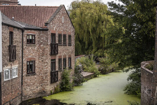 View of a historic red brick building along the algae-covered River Foss in York, England, United Kingdom.