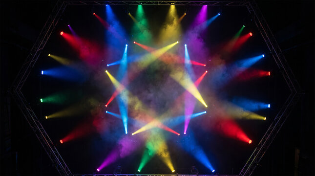 Colorful stage lighting beams forming a geometric pattern in a dark room