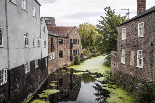 View of historic brick and stone buildings lining a narrow canal with green algae in the city center of York, England, United Kingdom.