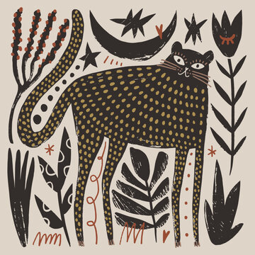 Artisanal doodle childish folk art baby leopard vector illustration, naive style wild cat with cactus and celestial moon symbols, modern boho linocut graphic 