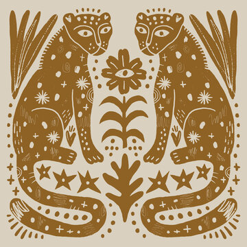 Artisanal childish doodle folk art leopard vector illustration in minimalist naive style, aesthetic wild cat with botanical elements and celestial symbols, monochrome boho graphic 