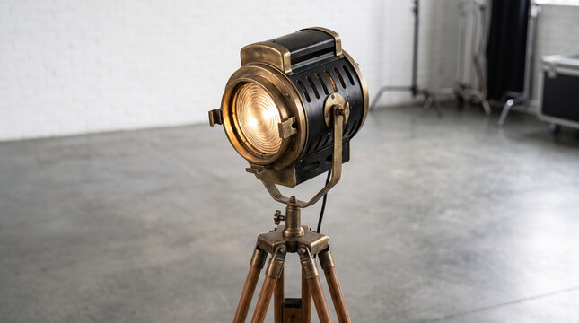 Vintage industrial spotlight lamp on a wooden tripod stand