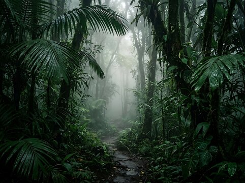 Misty jungle path winding through dense tropical rainforest with lush green foliage trail