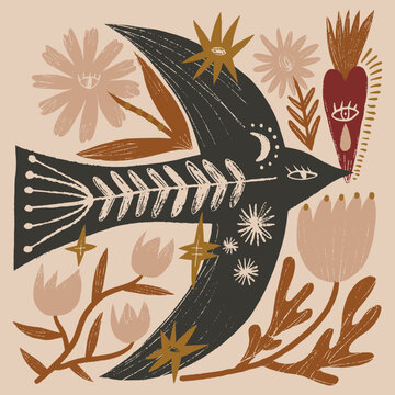 Doodle artisanal mystical folk art bird vector illustration, naive style silhouette flying filled with botanical flowers and celestial stars, modern dark cottagecore boho graphic