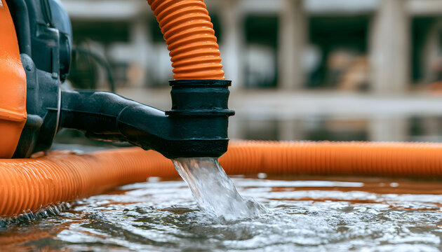 An industrial pump with orange hose actively removes standing water from a flooded indoor area, preventing further damage and restoring the space. Effective water extraction in action