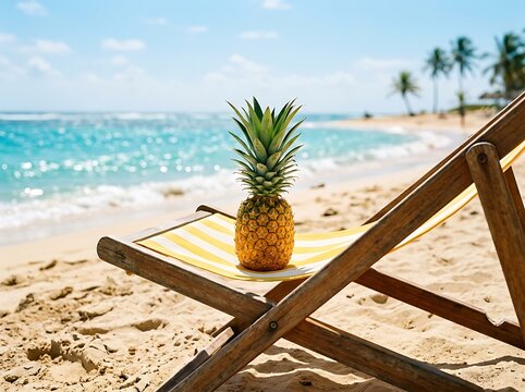 Pineapple on a Beach Chair on a Sandy Beach with Ocean lounge