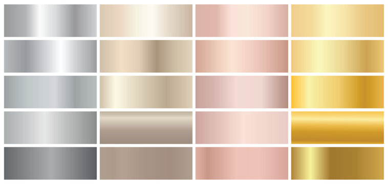 Set of metallic gradients, silver, gold, rose gold and bronze textures