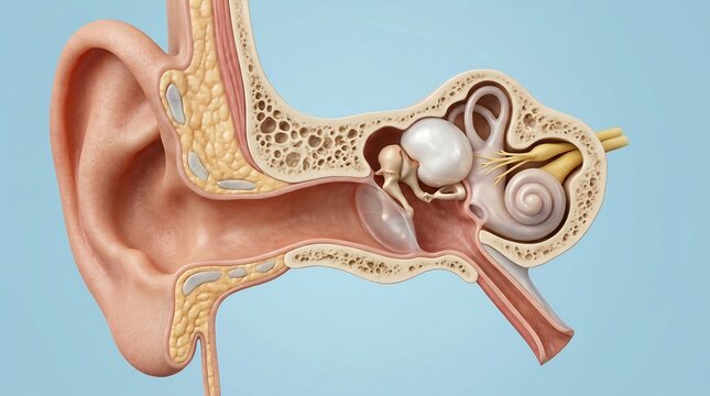 Anatomical cross-section of a human ear showing a cyst in the middle ear affecting hearing structures
