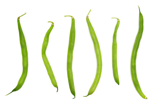  Set green string beans isolated on white background, top view