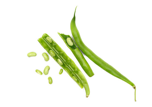 Green string beans with seeds isolated on white background, top view