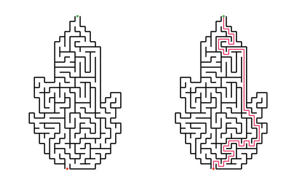 Halloween flame maze with solution, hard printable labyrinth puzzle for older kids, black and white educational Halloween activity featuring a spooky flame shape with start and finish