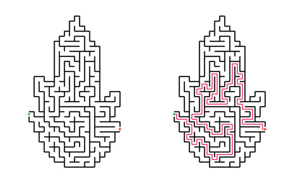 Halloween flame maze with solution, medium printable labyrinth puzzle for kids, black and white educational Halloween activity featuring a spooky flame shape with start and finish