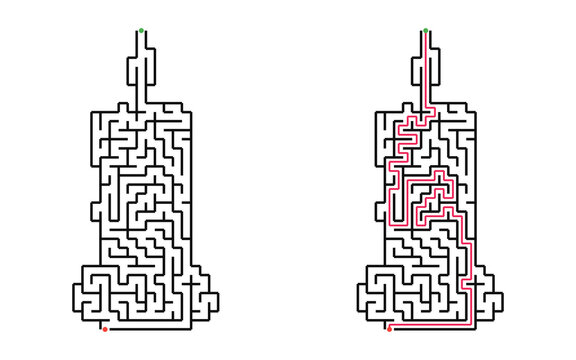 Halloween potion bottle maze with solution, hard printable labyrinth puzzle for older kids, black and white educational Halloween activity with start and finish