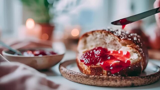 Paris, France, Europe. A closeup shot of a persons hand carefully spreading a generous spread of red jam onto a slice of bread. The bread is lightly toasted and has a goldenbrown crust.