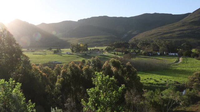 sunset light falling on farmland, Stanford, South Africa