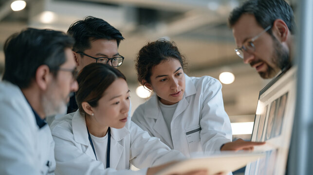 Dermatology clinic treatment team in white coats reviewing a patient case on a lightboard in a large industrial converted hospital facility, group of specialists gathered around magnified skin imagi