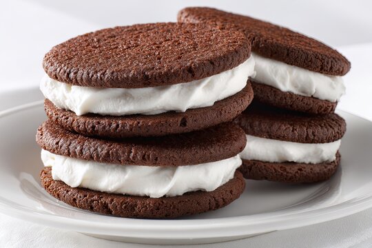 Decadent chocolate wafer sandwich cookies with thick cream filling stacked neatly on a white plate, a delightful treat