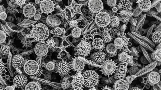Microscopic diatoms clustered in detailed black and white view
