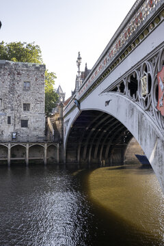 View of Lendal Bridge spanning the River Ouse with historic stone architecture and ornate iron details in York, England, United Kingdom.