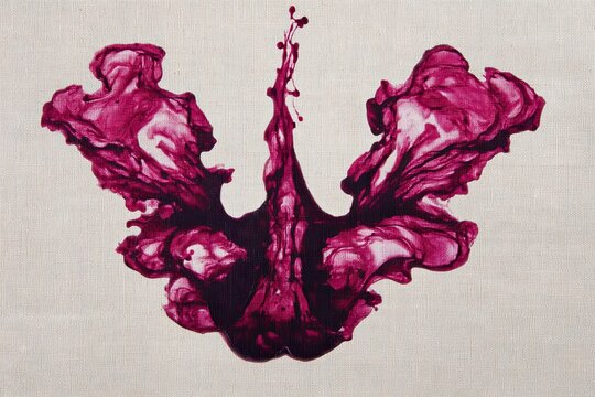 Deep red wine stain creates intricate abstract patterns on a textured surface