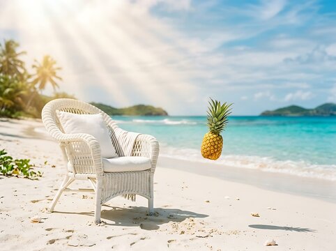 White wicker chair and floating pineapple on a tropical beach with turquoise water and palm trees image