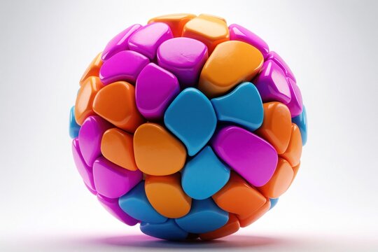 Abstract sphere comprised of interlocking colorful geometric shapes. Playful puzzle ball stimulates imagination, representing complex ideas, creative problem solving through unique construction.