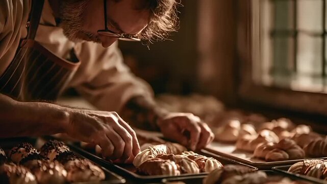 Paris, France, Europe. A detailed, closeup shot of a baker in a rustic bakery. The baker, wearing glasses and a striped apron, meticulously kneading dough on a baking tray.